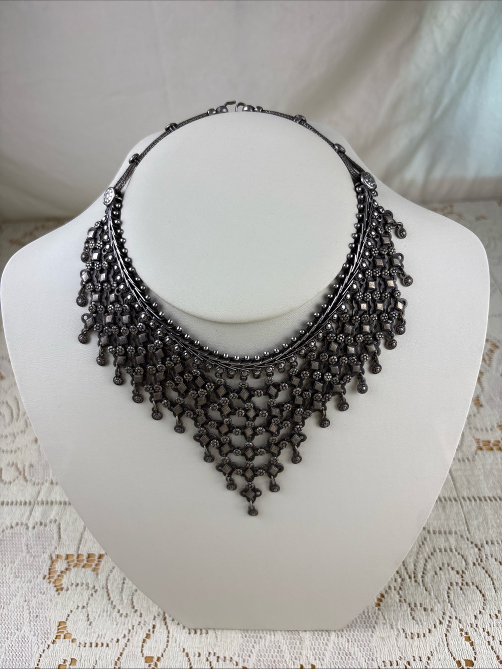 Wonderful Vintage Rajasthani Indian Silver Metal Bib Choker Necklace Signed RA